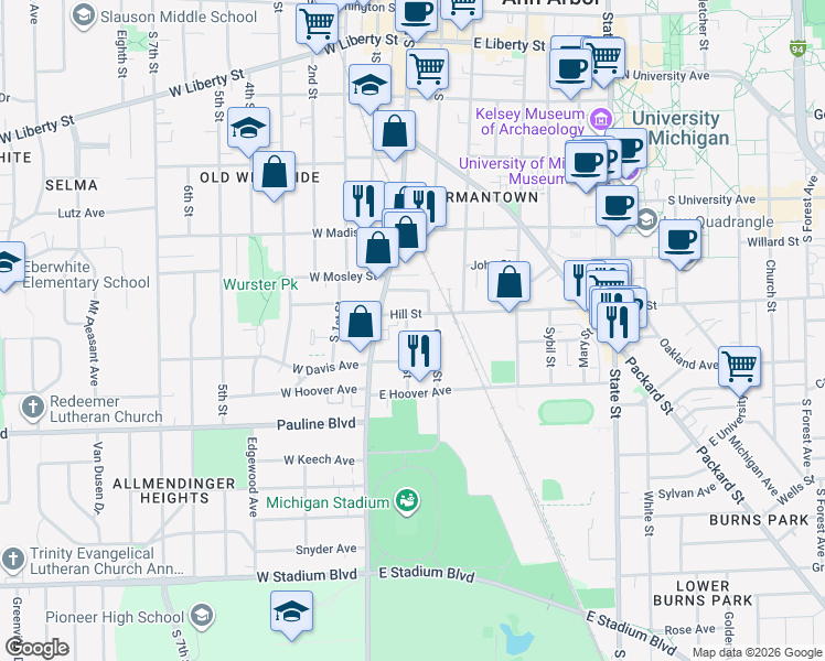 map of restaurants, bars, coffee shops, grocery stores, and more near 140 Hill Street in Ann Arbor