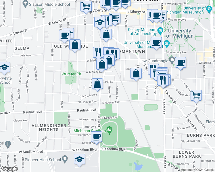 map of restaurants, bars, coffee shops, grocery stores, and more near 801 South Main Street in Ann Arbor