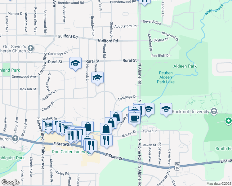map of restaurants, bars, coffee shops, grocery stores, and more near 4120 Crosby Street in Rockford
