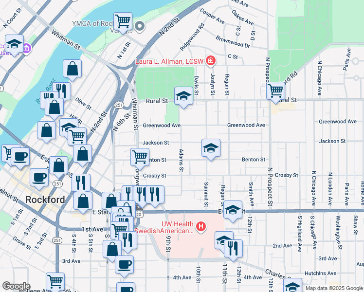 map of restaurants, bars, coffee shops, grocery stores, and more near 1244 Jackson Street in Rockford