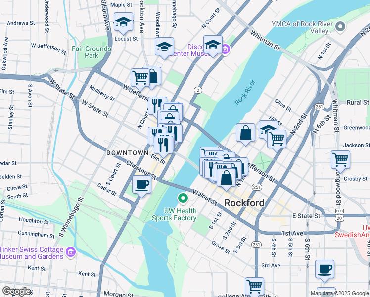 map of restaurants, bars, coffee shops, grocery stores, and more near 127 North Wyman Street in Rockford