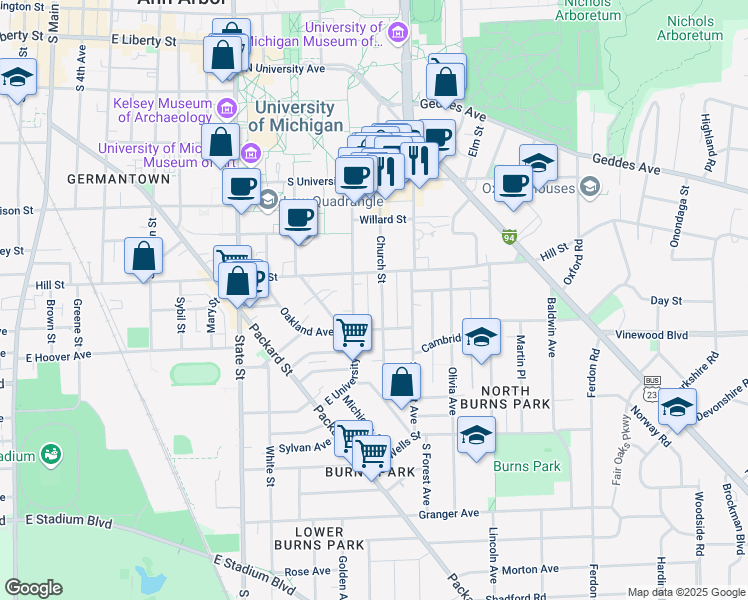 map of restaurants, bars, coffee shops, grocery stores, and more near 814 Church Street in Ann Arbor