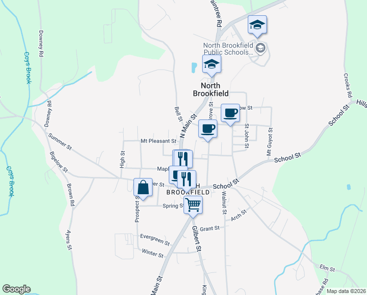 map of restaurants, bars, coffee shops, grocery stores, and more near 266 Massachusetts 148 in North Brookfield