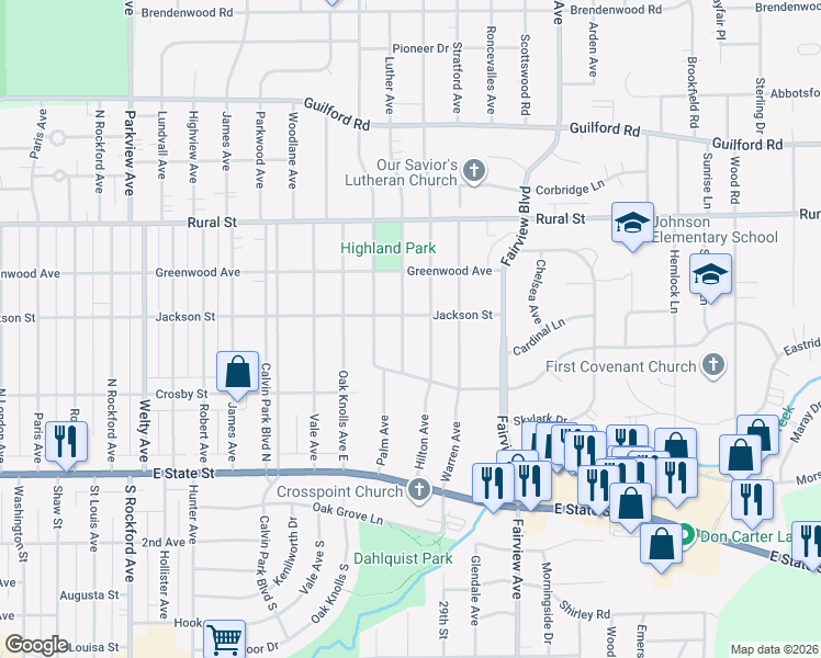 map of restaurants, bars, coffee shops, grocery stores, and more near 434 Hilton Avenue in Rockford