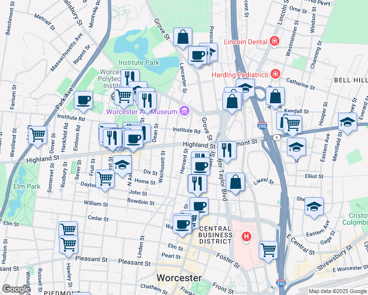 map of restaurants, bars, coffee shops, grocery stores, and more near in Worcester