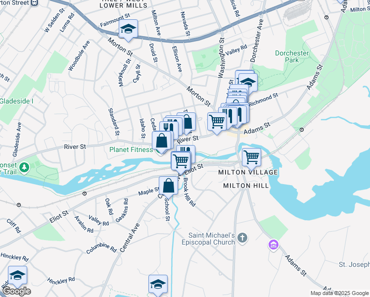map of restaurants, bars, coffee shops, grocery stores, and more near 52R River Street in Boston