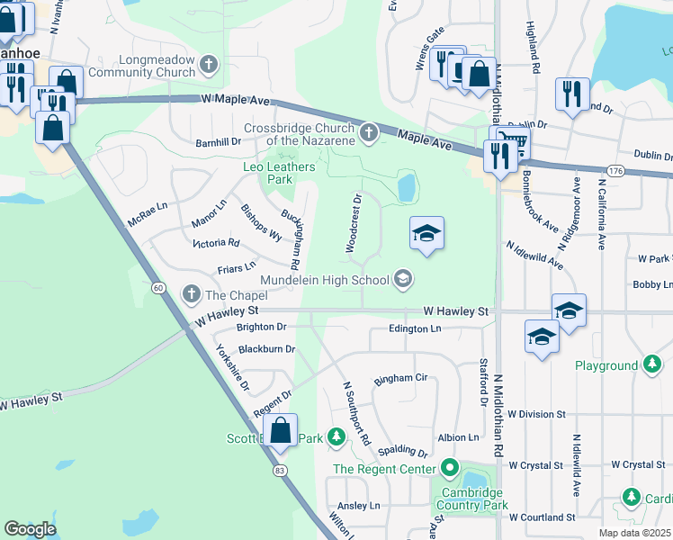 map of restaurants, bars, coffee shops, grocery stores, and more near 1625 Woodcrest Circle in Mundelein