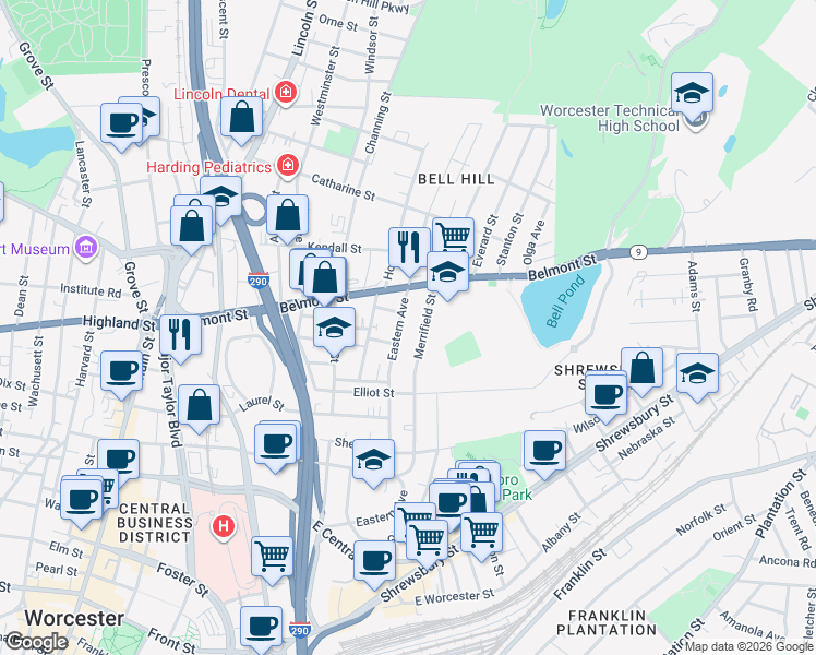 map of restaurants, bars, coffee shops, grocery stores, and more near 115 1/2 Eastern Avenue in Worcester