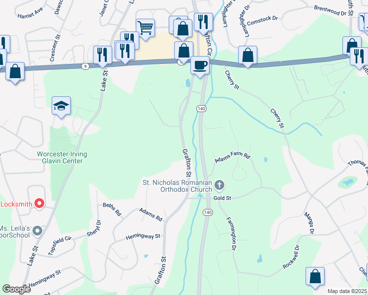 map of restaurants, bars, coffee shops, grocery stores, and more near Grafton Street in Shrewsbury