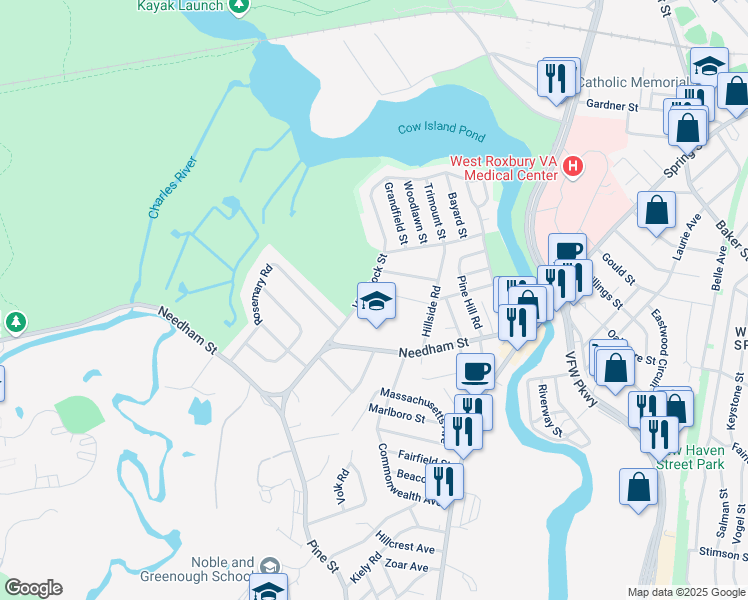map of restaurants, bars, coffee shops, grocery stores, and more near 51 Vine Rock Street in Dedham