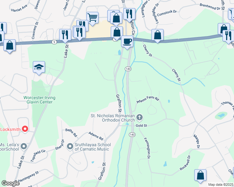 map of restaurants, bars, coffee shops, grocery stores, and more near Grafton Street in Shrewsbury