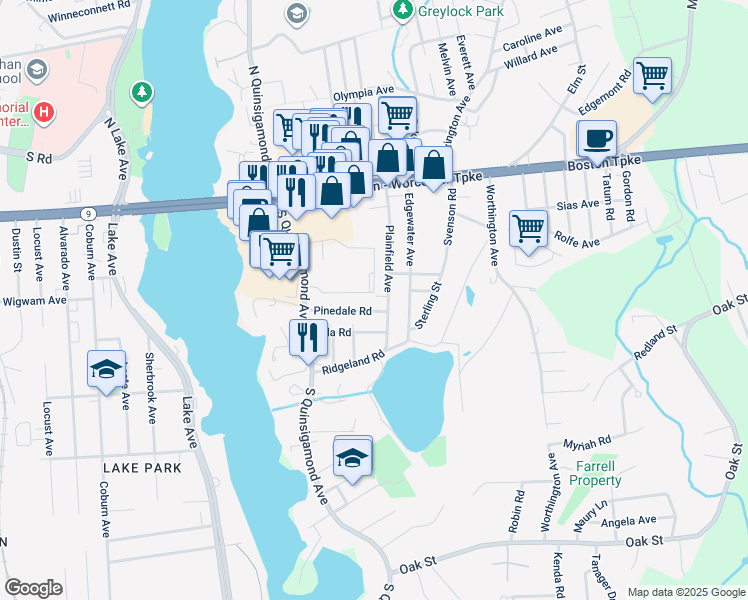 map of restaurants, bars, coffee shops, grocery stores, and more near 54 Plainfield Avenue in Shrewsbury
