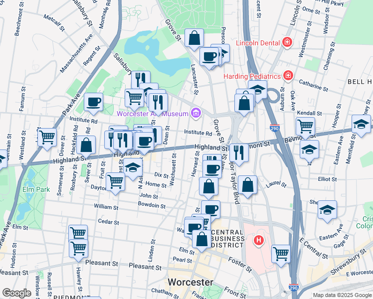 map of restaurants, bars, coffee shops, grocery stores, and more near 52 Highland Street in Worcester