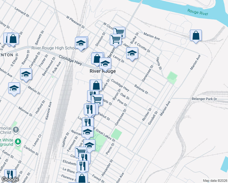 map of restaurants, bars, coffee shops, grocery stores, and more near 48 Oak Street in River Rouge