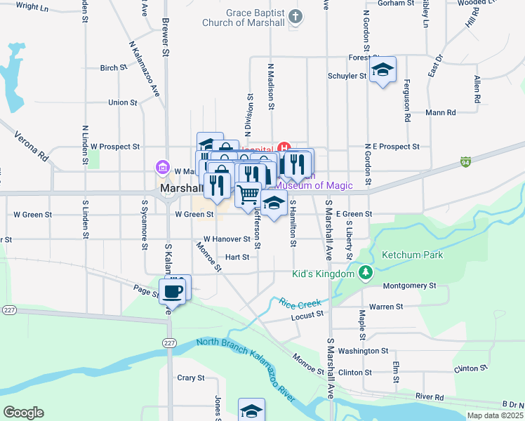 map of restaurants, bars, coffee shops, grocery stores, and more near 105 East Green Street in Marshall