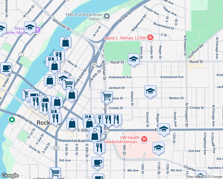 map of restaurants, bars, coffee shops, grocery stores, and more near 1118 Jackson Street in Rockford