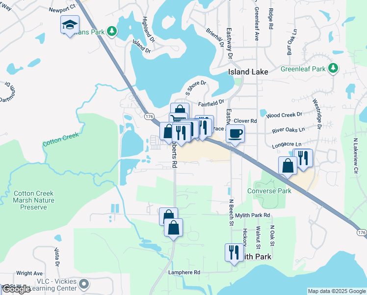 map of restaurants, bars, coffee shops, grocery stores, and more near 4018 West Roberts Road in Island Lake