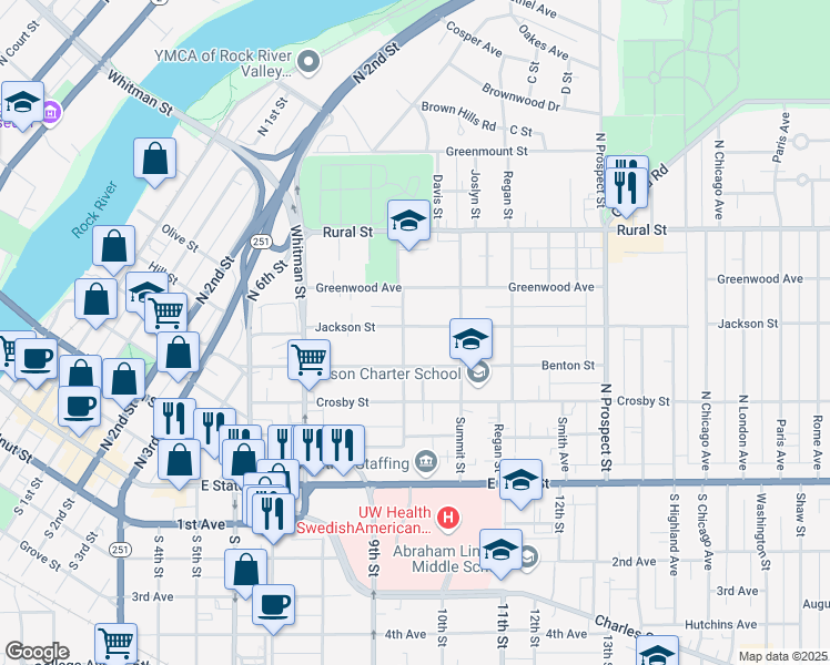 map of restaurants, bars, coffee shops, grocery stores, and more near 1307 Jackson Street in Rockford