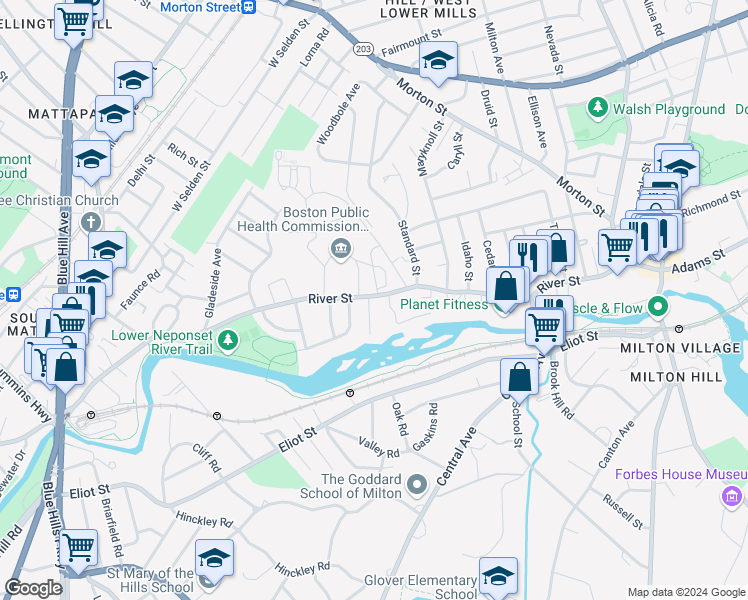 map of restaurants, bars, coffee shops, grocery stores, and more near 224 River Street in Boston