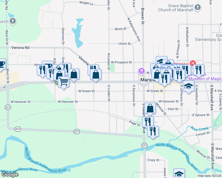 map of restaurants, bars, coffee shops, grocery stores, and more near 111 South Linden Street in Marshall