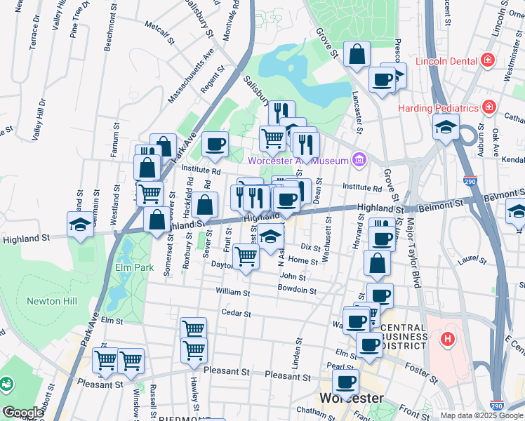 map of restaurants, bars, coffee shops, grocery stores, and more near 124 Massachusetts 9 in Worcester