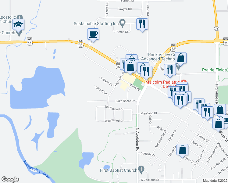 map of restaurants, bars, coffee shops, grocery stores, and more near 236 High Line Street in Belvidere