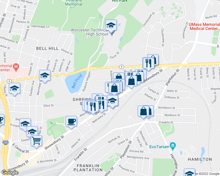 map of restaurants, bars, coffee shops, grocery stores, and more near 21 Adams Street in Worcester
