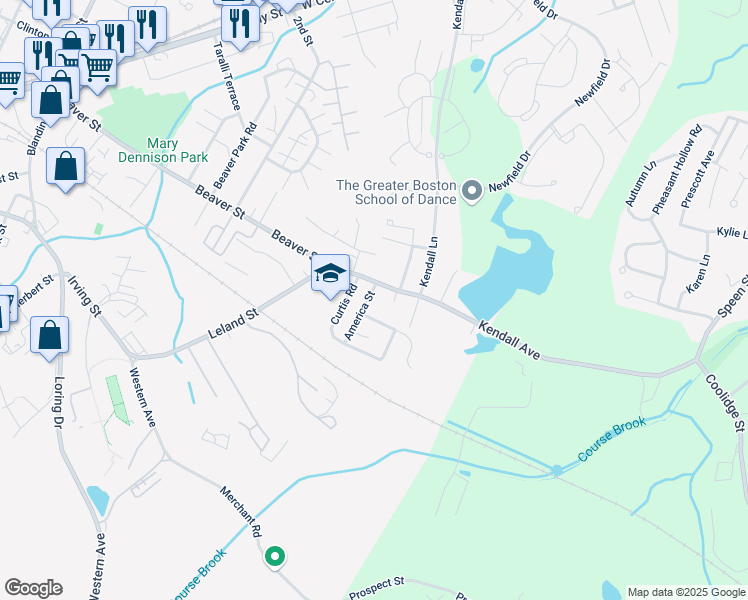 map of restaurants, bars, coffee shops, grocery stores, and more near 14 America Street in Framingham