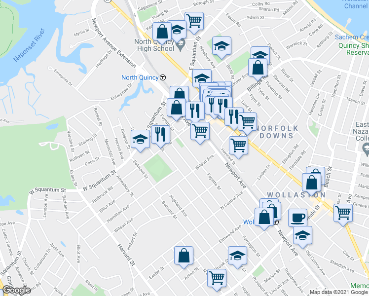 map of restaurants, bars, coffee shops, grocery stores, and more near 85 Fayette Street in Quincy
