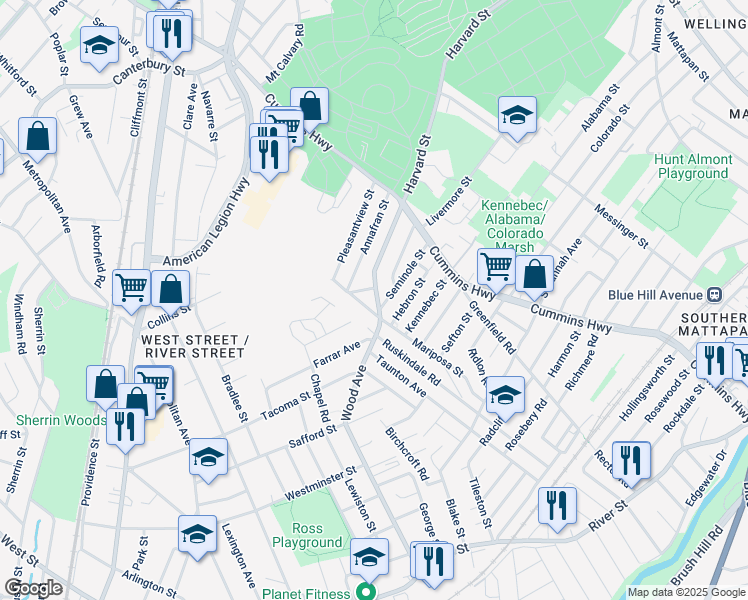 map of restaurants, bars, coffee shops, grocery stores, and more near 85 Wood Avenue in Boston