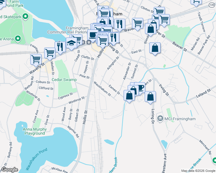map of restaurants, bars, coffee shops, grocery stores, and more near 19 Eames Street in Framingham