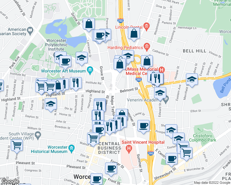 map of restaurants, bars, coffee shops, grocery stores, and more near 6 Belmont Street in Worcester