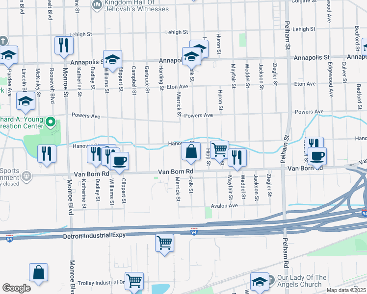 map of restaurants, bars, coffee shops, grocery stores, and more near 5613 Merrick Street in Dearborn Heights