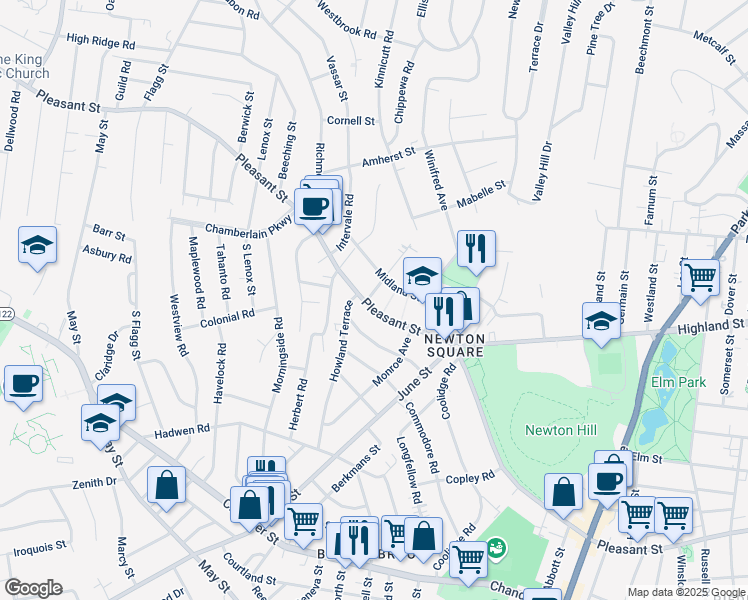 map of restaurants, bars, coffee shops, grocery stores, and more near 5 Elmwood Street in Worcester