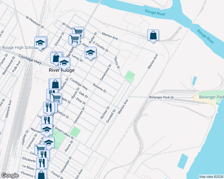 map of restaurants, bars, coffee shops, grocery stores, and more near in River Rouge