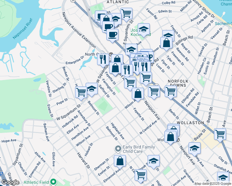 map of restaurants, bars, coffee shops, grocery stores, and more near 59 Farrington Street in Quincy
