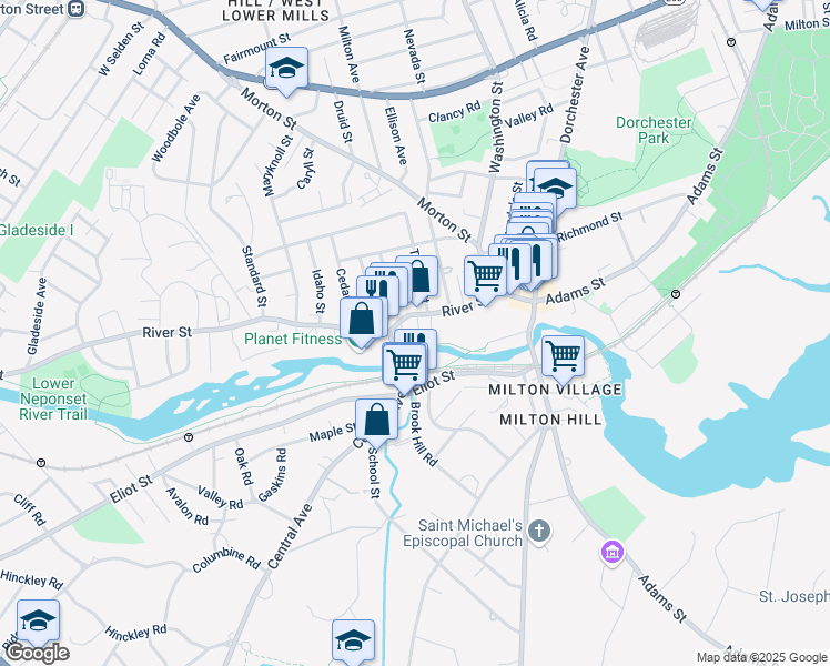 map of restaurants, bars, coffee shops, grocery stores, and more near 52R River Street in Boston