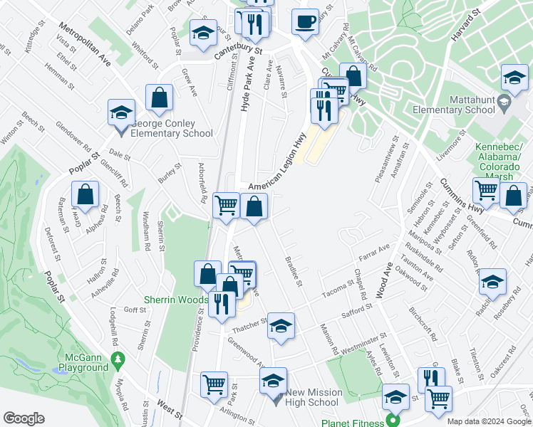 map of restaurants, bars, coffee shops, grocery stores, and more near 119 Bradlee Street in Boston