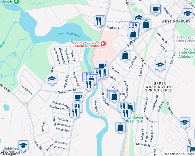 map of restaurants, bars, coffee shops, grocery stores, and more near 1435 Veterans of Foreign Wars Parkway in Boston