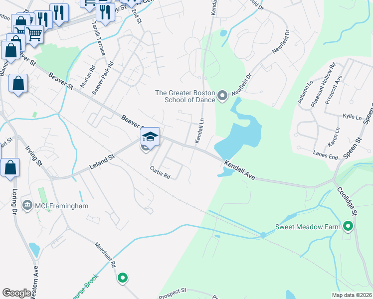 map of restaurants, bars, coffee shops, grocery stores, and more near 55 Kendall Avenue in Framingham