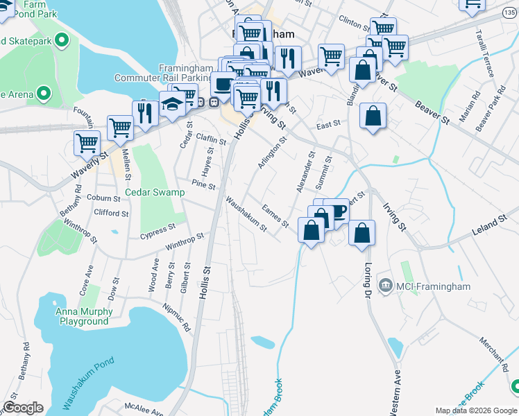 map of restaurants, bars, coffee shops, grocery stores, and more near 19 Eames Street in Framingham