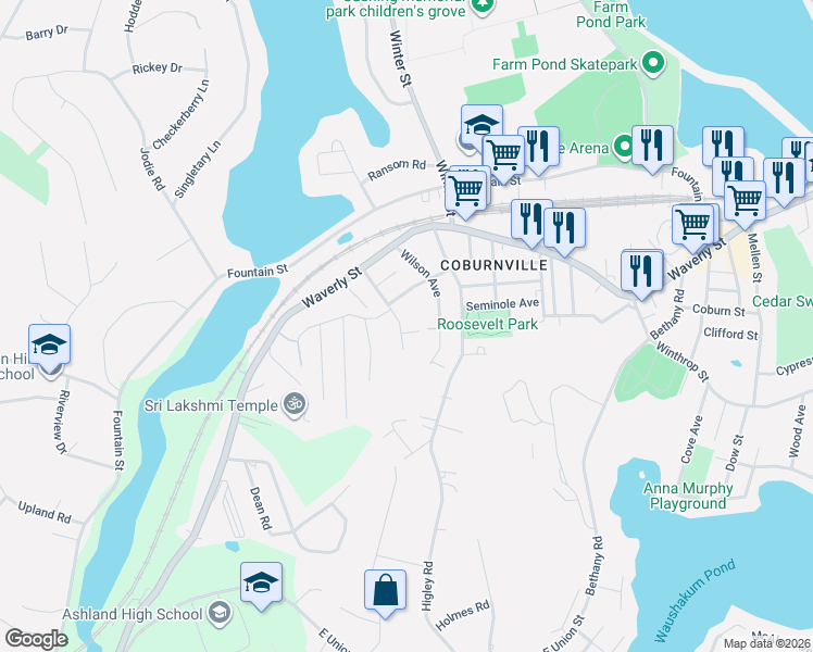map of restaurants, bars, coffee shops, grocery stores, and more near 25 Vose Street in Framingham