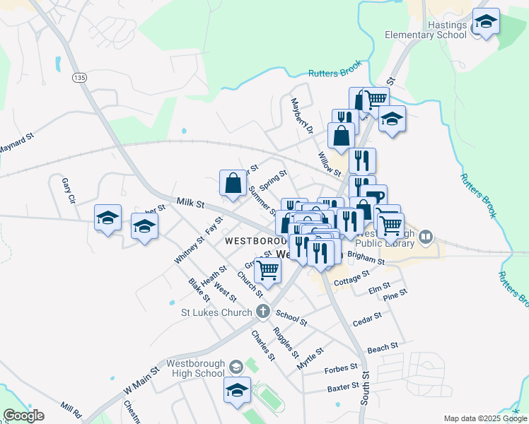 map of restaurants, bars, coffee shops, grocery stores, and more near 40 Summer Street in Westborough
