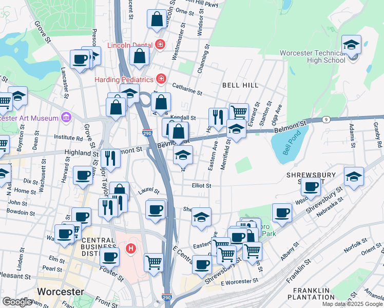map of restaurants, bars, coffee shops, grocery stores, and more near 7 Earle Terrace in Worcester