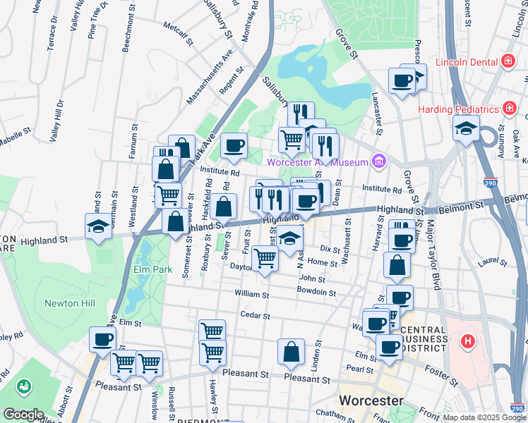 map of restaurants, bars, coffee shops, grocery stores, and more near 5 Schussler Road in Worcester