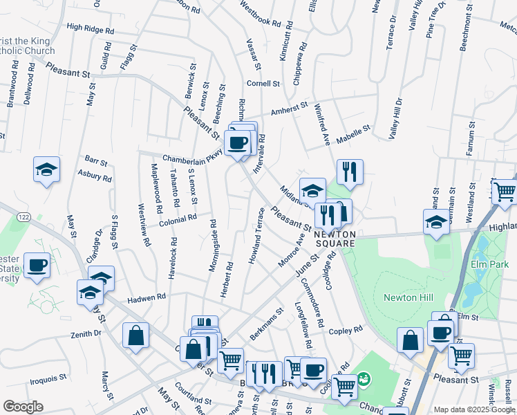 map of restaurants, bars, coffee shops, grocery stores, and more near 7 Hadwen Lane in Worcester