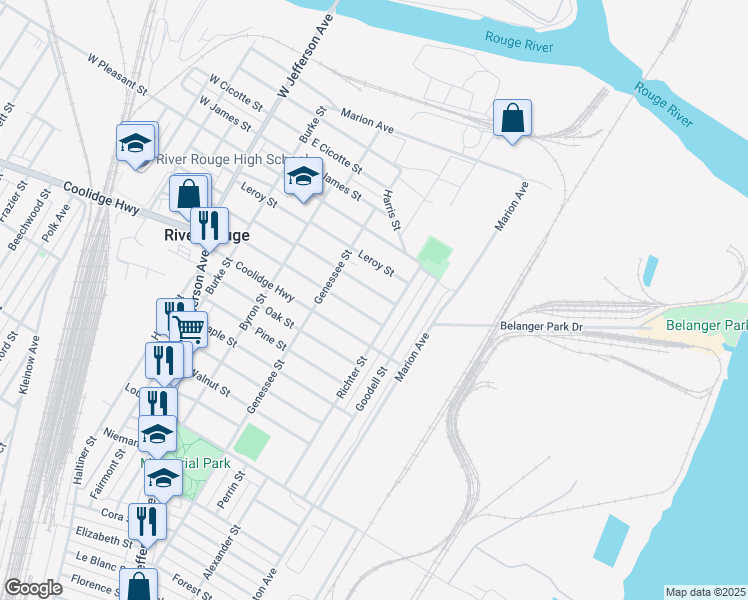 map of restaurants, bars, coffee shops, grocery stores, and more near in River Rouge