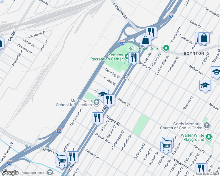map of restaurants, bars, coffee shops, grocery stores, and more near 12747 Corbin Street in Detroit