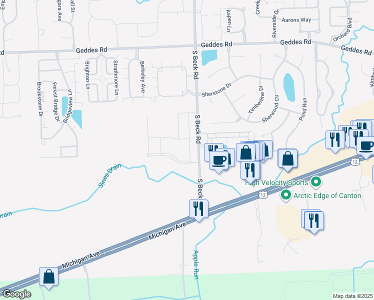 map of restaurants, bars, coffee shops, grocery stores, and more near 5044-5074 Beck Road South in Canton