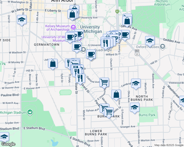 map of restaurants, bars, coffee shops, grocery stores, and more near in Ann Arbor